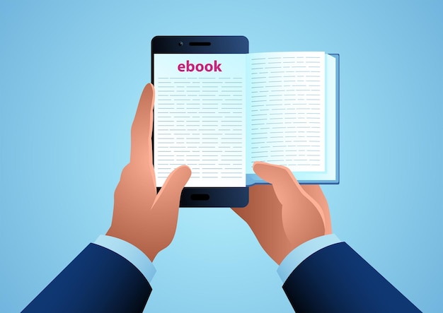 Mano de hombre sosteniendo un libro electrónico de lectura de teléfono inteligente