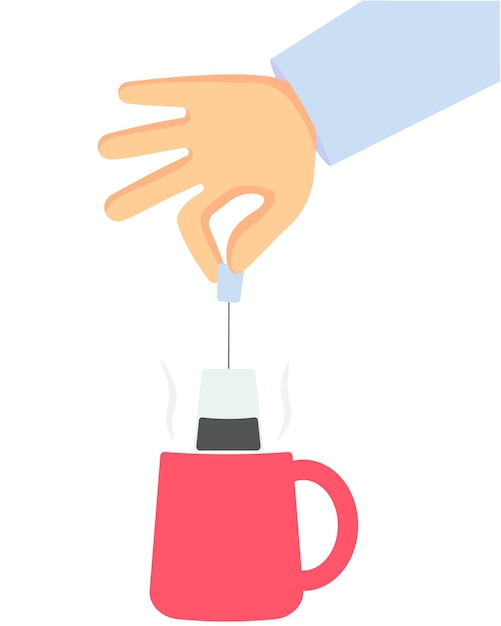 La mano de un hombre sostiene una bolsita de té sobre una taza de agua hirviendo