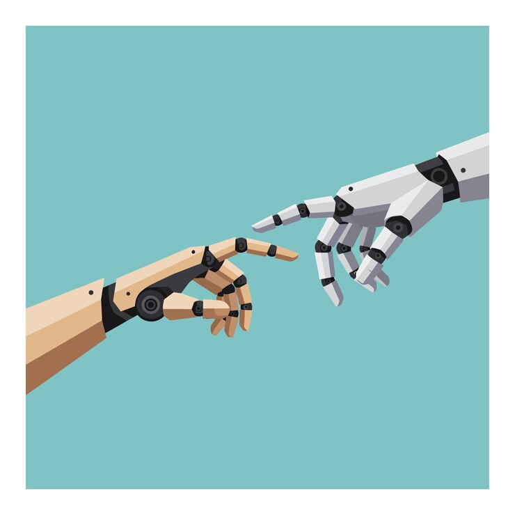 Vector la mano humana alcanzando la mano robótica en el arte vectorial plano mínimo