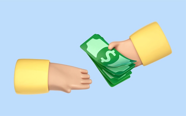 Mano humana de dibujos animados en 3d dando dinero a otra mano pagar por algo la mano sostiene billetes en dólares inversiones de dinero dar dinero