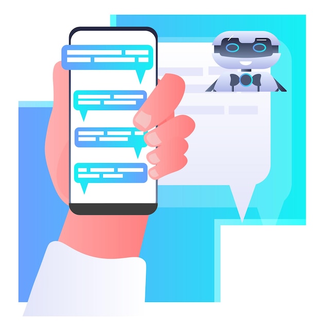 mano humana discutiendo con robot chatbot asistente mensajes de voz aplicación de chat de audio comunicación en línea inteligencia artificial concepto ilustración