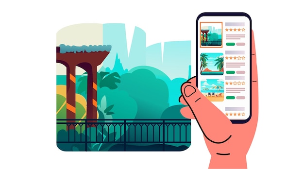 Mano humana eligiendo y explorando guías de destino y consejos de viaje en el concepto de viaje de teléfonos inteligentes