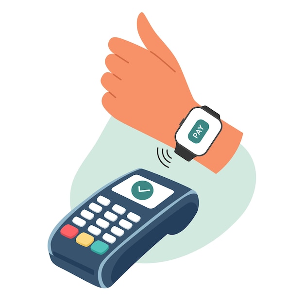 La mano humana está haciendo el pago utilizando un sistema sin contacto en un reloj inteligente terminal Pos con marca de comprobación verde en la pantalla xD