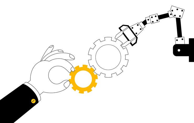 Vector una mano humana y una mano robot ensamblan partes de un mecanismo