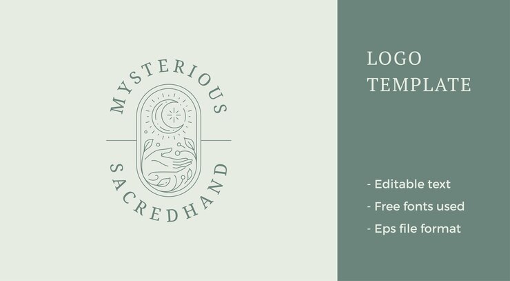 Vector mano humana medieval sagrada con media luna brillante en vector de logotipo de arte de línea de marco de flor decorativa