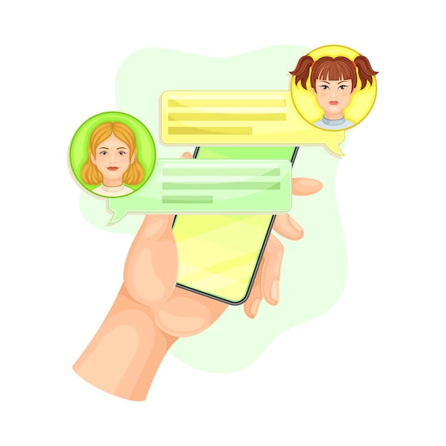 Mano humana con mensajes de texto de teléfono inteligente en ilustración vectorial de software de chat