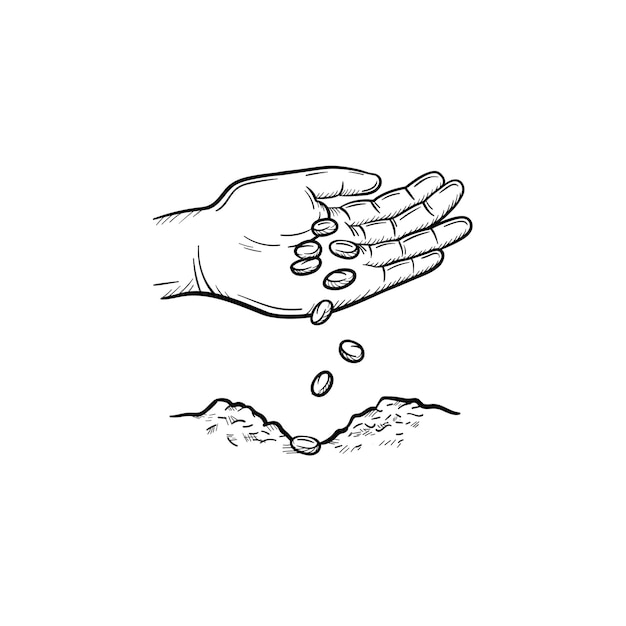 Mano humana plantando semillas en el suelo icono de doodle de contorno de vector dibujado a mano. mano humana con semillas boceto ilustración para impresión, web, móvil e infografía aislado sobre fondo blanco.