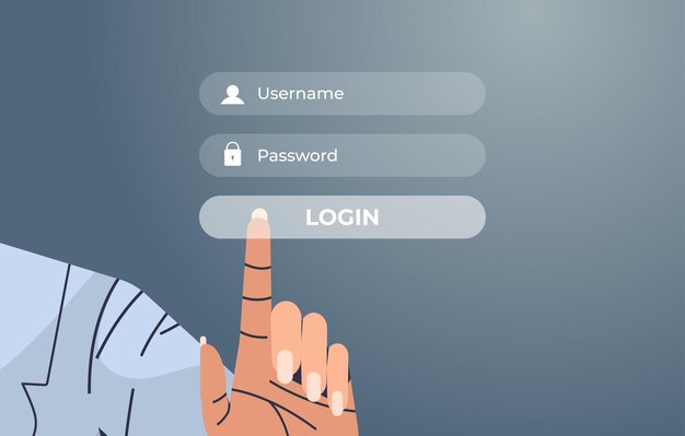 Vector mano humana presionando el botón de inicio de sesión en la pantalla virtual