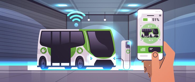 Vector mano humana que carga el autobús eléctrico en el vehículo de la batería de la aplicación móvil en la recarga de la gestión del ev del cargador de la estación de energía