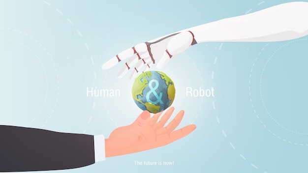 Mano humana y robot. ¡El futuro es ahora! Concepto de futuro.