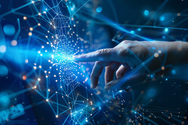 Vector la mano humana señalando la red de inteligencia artificial concepto de inteligencia artificial artificial