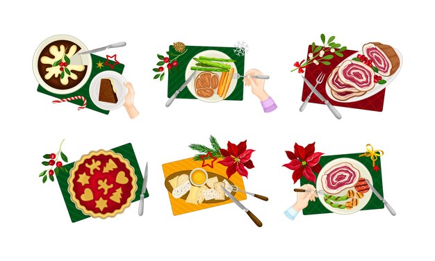 Mano humana y servido pastel y carne en el plato como plato tradicional de la víspera de Navidad y postre por encima de la vista