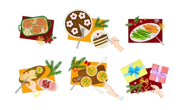 Mano humana y servido pastel y carne en el plato como plato tradicional de la víspera de Navidad y postre por encima de la vista