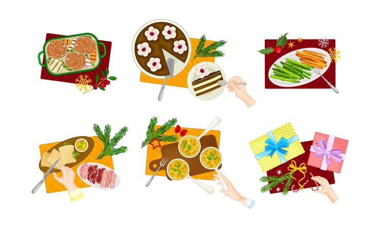 Vector mano humana y servido pastel y carne en el plato como plato tradicional de la víspera de navidad y postre por encima de la vista