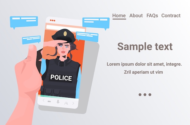 Mano humana con smartphone charlando con mujer policía durante la comunicación en línea de videollamadas