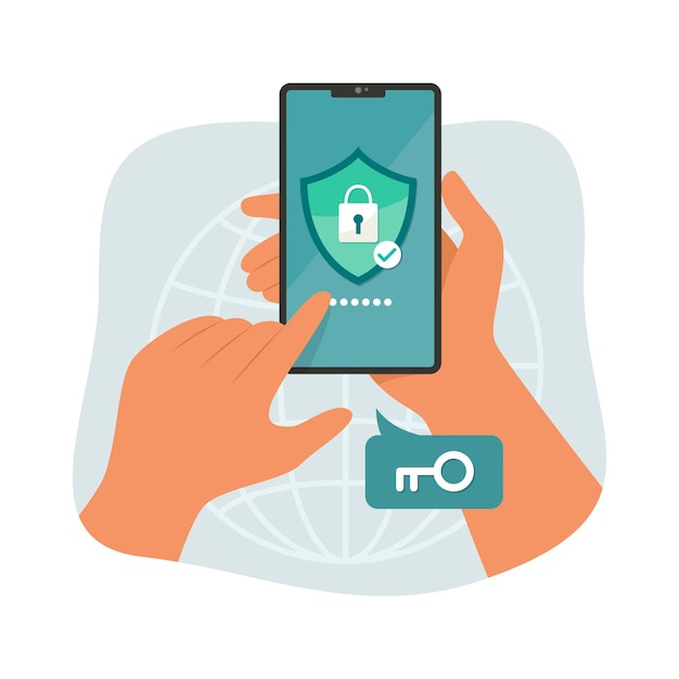 Vector mano humana sosteniendo un teléfono inteligente con condiciones de seguridad.