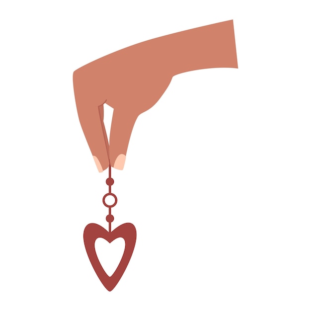 Una mano humana sostiene un elemento boho o un arete con un corazón y un círculo con dos dedos Un símbolo de amor romance gratitud Boho Día de San Valentín Ilustración de vector de color aislado en blanco