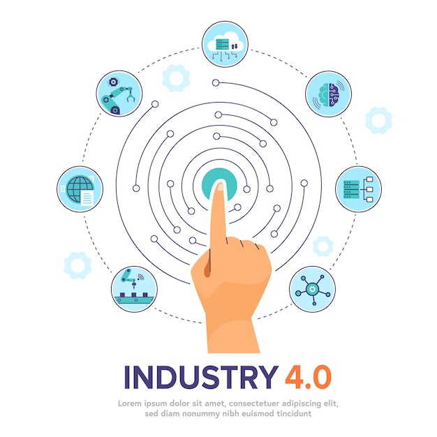 Mano humana tocando la interfaz digital. Ilustración de Smart Industry 4.0