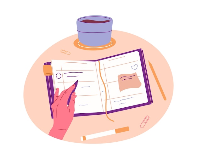 Mano humana tomando notas Persona escribiendo llenando planificador o firmando documentos mano sosteniendo pluma ilustración vectorial plana aislada Concepto de papeleo