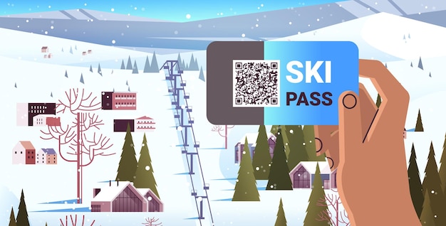 Mano humana usando la aplicación de pase de esquí en la pantalla del teléfono inteligente concepto de vacaciones de invierno paisaje de montañas nevadas