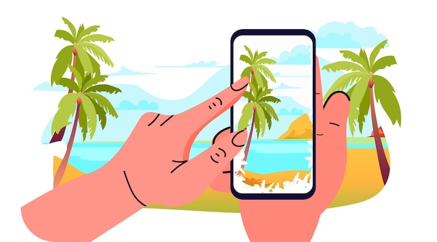 Mano humana usando teléfono inteligente búsqueda en línea tiempo de vacaciones de verano para viajar concepto horizontal