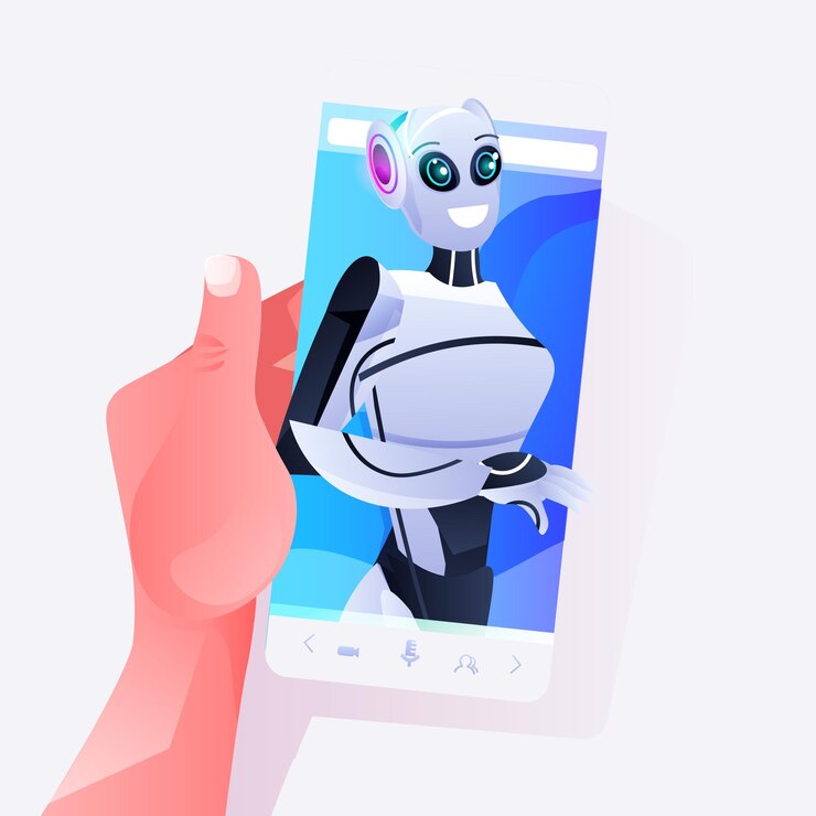 Vector mano humana usando un teléfono inteligente con una persona robótica femenina en la pantalla de comunicación en línea retrato de concepto de tecnología de inteligencia artificial