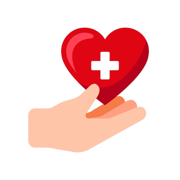 Mano con icono de corazón médico Cuidado de la salud Donación de sangre Ilustración vectorial del concepto de salvar vidas