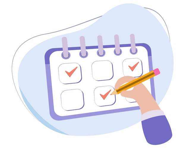 mano de icono con marcas de lápiz en el calendario. Marca el horario en el calendario