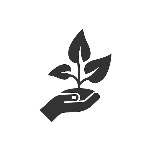 Mano con icono de planta en estilo plano Ilustración de vector de brote de flor sobre fondo blanco aislado Concepto de negocio de signo de protección ambiental