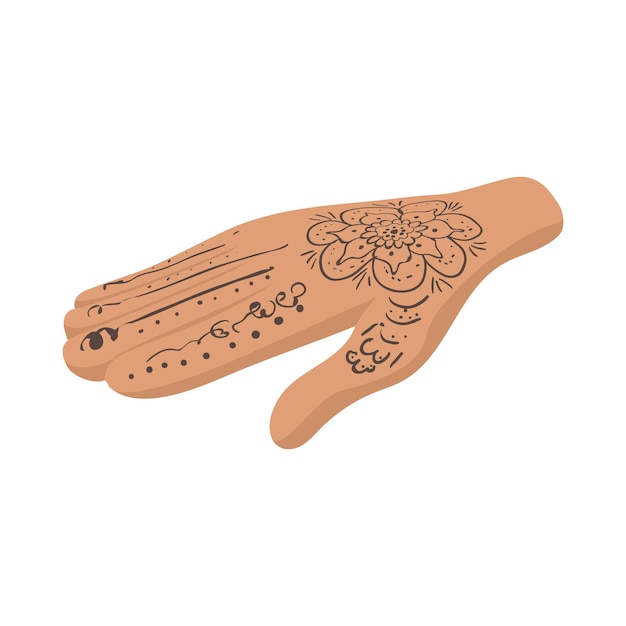Mano con icono de tatuajes de henna en estilo de dibujos animados sobre un fondo blanco