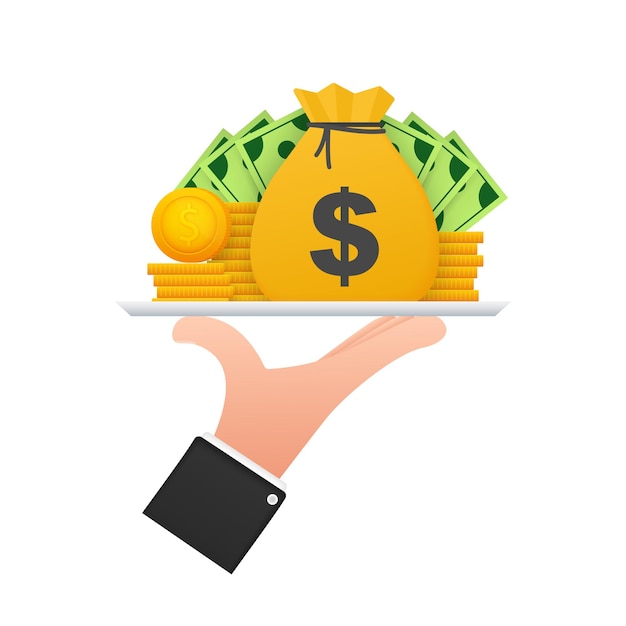 Mano con iconos de finanzas de billetes y monedas de bolsa de dinero. Inversión financiera empresarial. Fondo de vector.