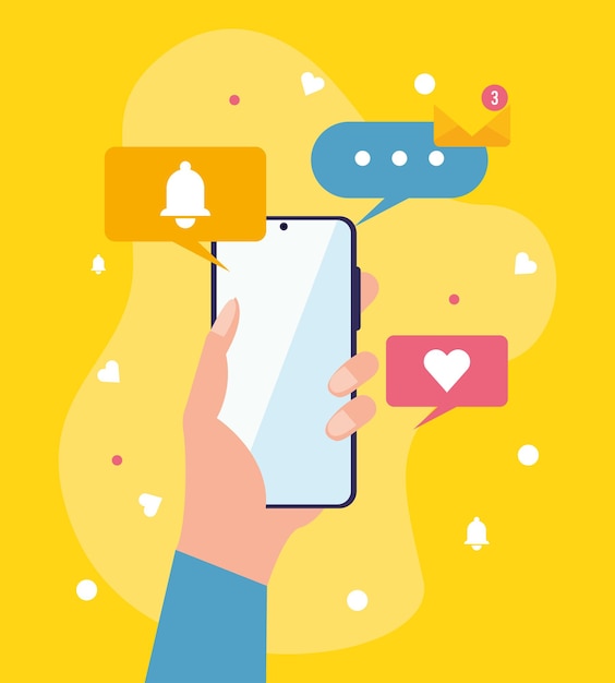 Mano con iconos de teléfono inteligente y mensajería