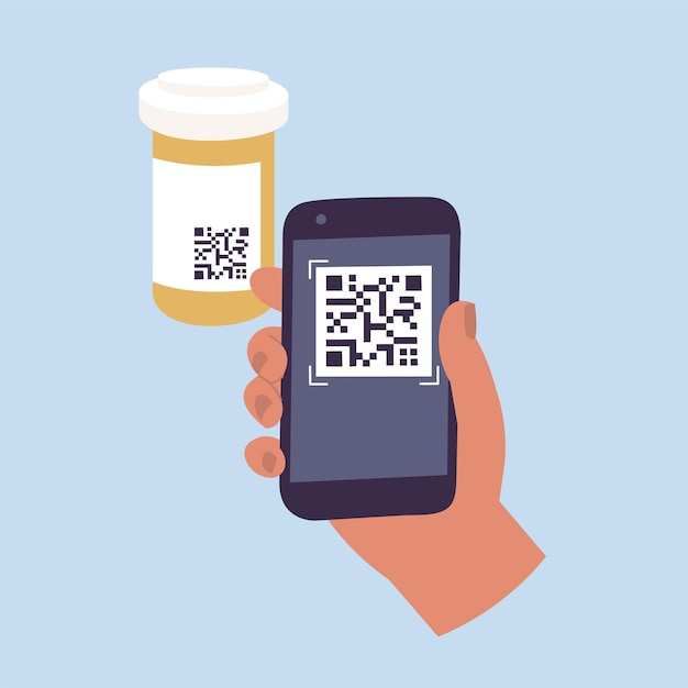 Mano de ilustración vectorial sosteniendo un escáner o lector de código de teléfono móvil y escaneando un código QR en una botella de medicina