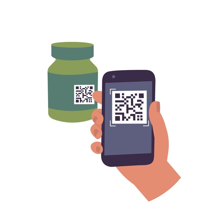 Mano de ilustración vectorial sosteniendo un escáner o lector de código de teléfono móvil y escaneando un código QR en una botella de medicina