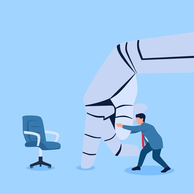 La mano inteligente del robot bloquea a las personas hacia los asientos de los trabajadores una metáfora de la carrera con la inteligencia artificial Ilustración conceptual plana
