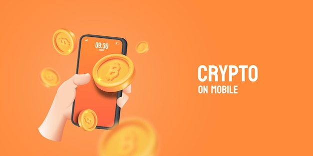 Mano de intercambio de bitcoin con banner web de estilo de diseño de teléfono inteligente móvil con criptomoneda de moneda