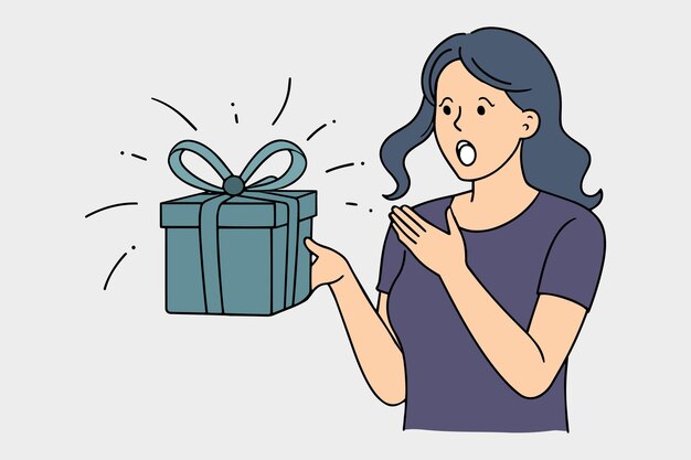 La mano de la joven sorprendida con la línea de la caja de regalos con ilustración vectorial en fondo blanco