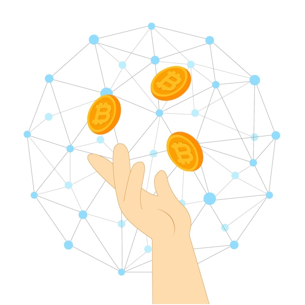 Mano lanzando bitcoins al aire en el fondo de la red criptográfica
