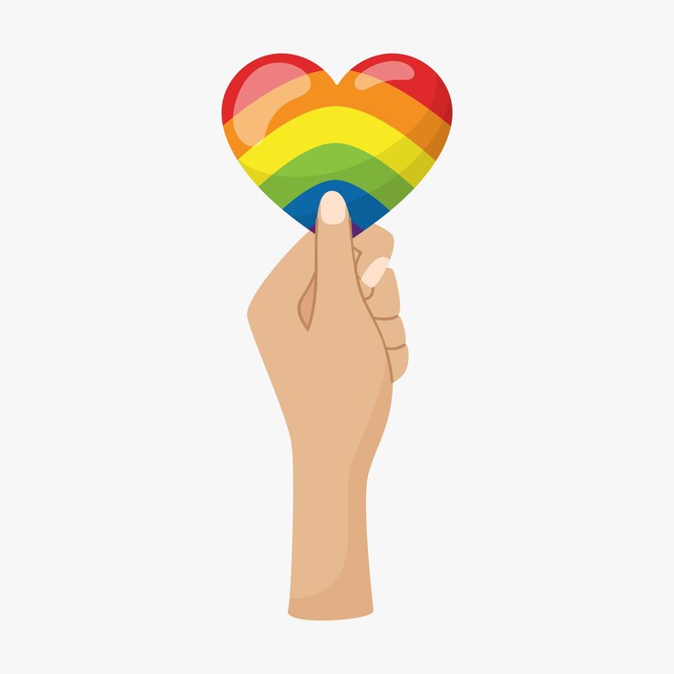 Vector una mano levantada sostiene un corazón en los colores del arco iris lgbt. un símbolo de tolerancia y solidaridad.