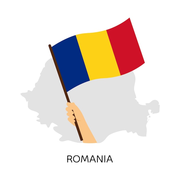 La mano levantando la bandera nacional del país rumano
