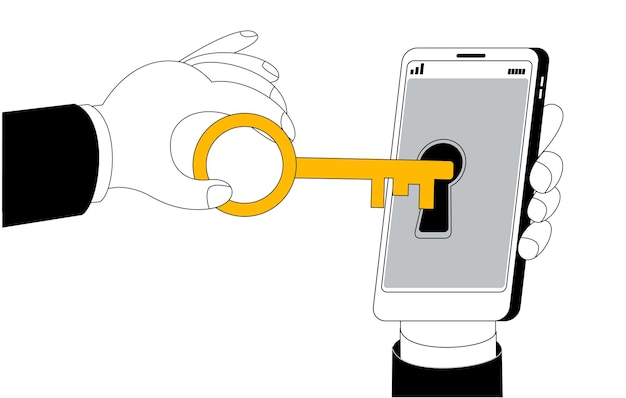 La mano con la llave abre el teléfono inteligente