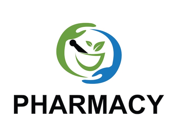 una mano y el logotipo del símbolo de la farmacia para la farmacia que dice farmacia en él
