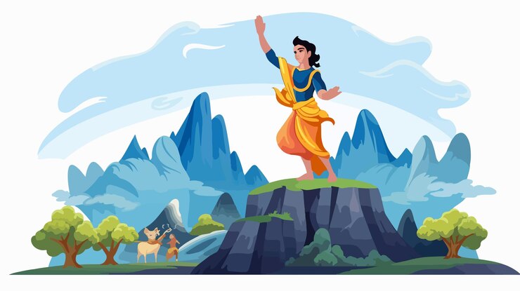 Vector la mano de lord krishna levantada en la montaña govardhan ilustración vectorial de dibujos animados