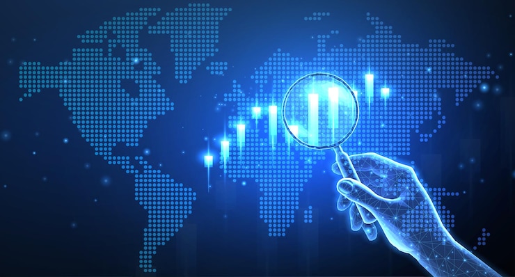 Mano con lupa y gráfico de acciones en el mapa mundial digital