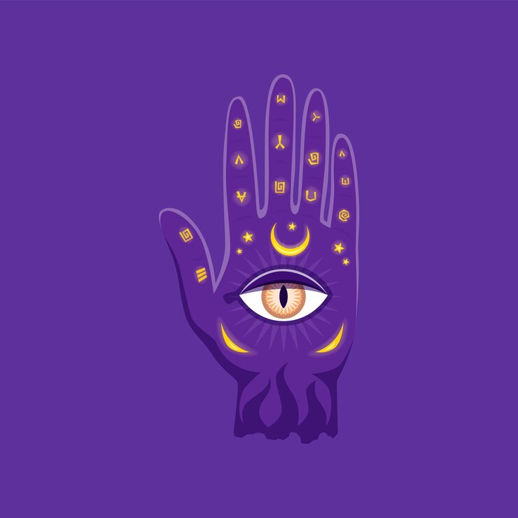 Vector mano mágica de dibujos animados con todo el vector del ojo que ve