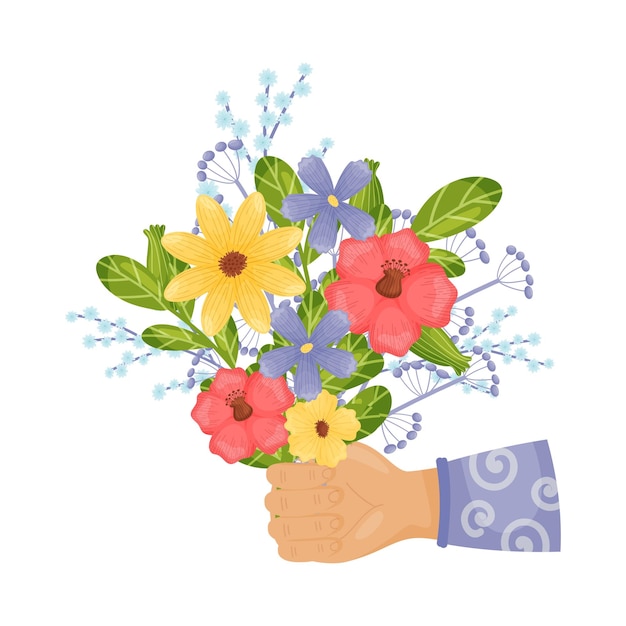 La mano en una manga de vino con un patrón en espiral sostiene un ramo de flores azules, amarillas y rojas, ilustración vectorial sobre un fondo blanco