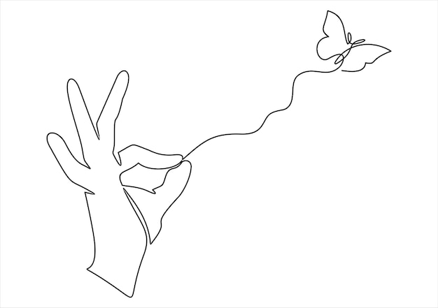 Mano con una mariposa en el vector de dibujo continuo de la línea del icono del dedo