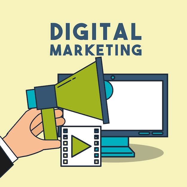 mano de marketing digital con video de computadora megáfono