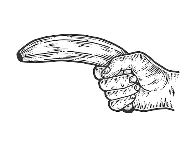 La mano masculina dispara una imitación de tablero de scratch de boceto de plátano