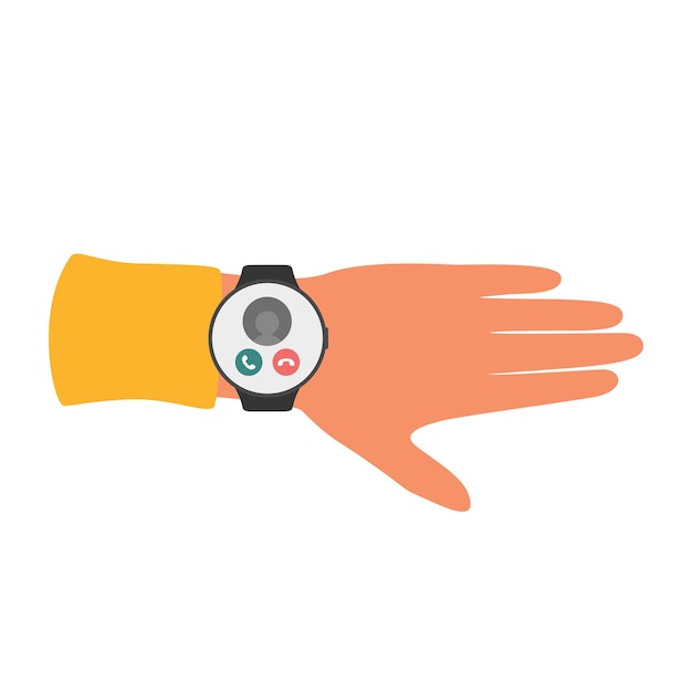 Mano masculina con reloj inteligente llamada entrante en pantalla con botones vector